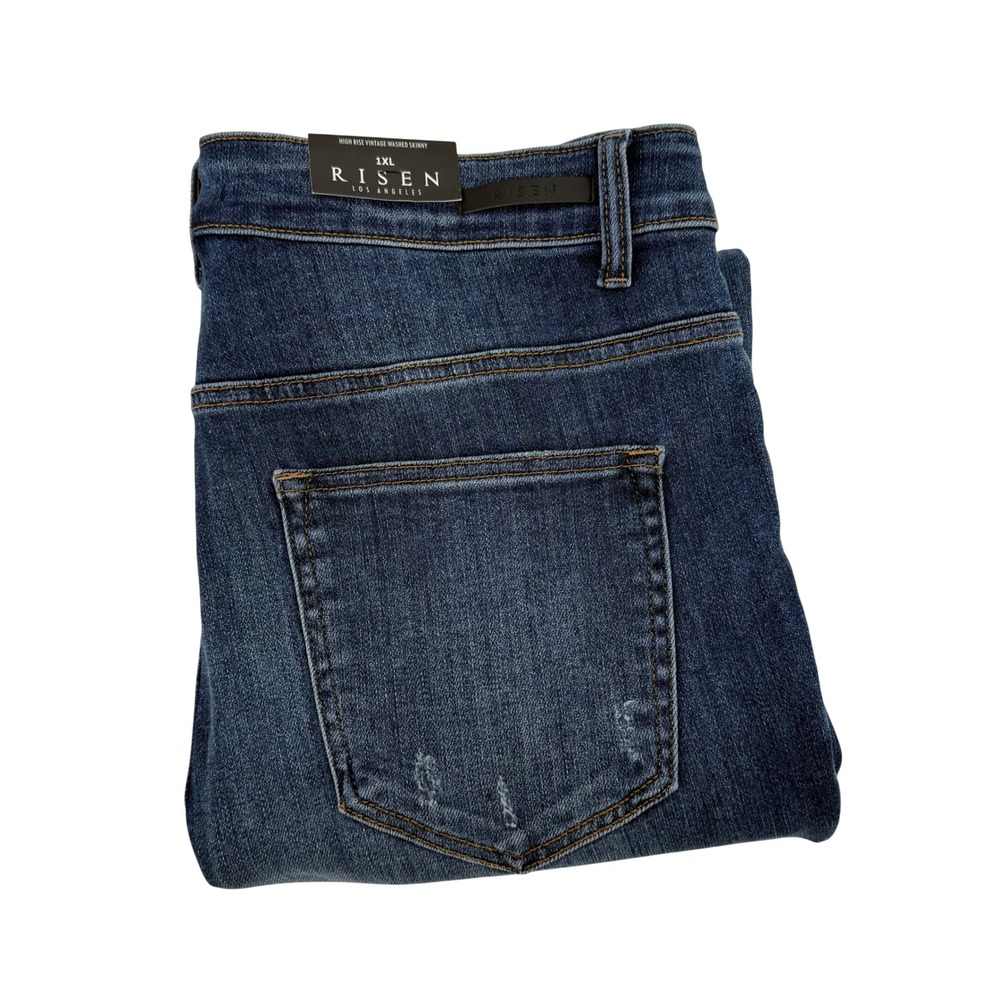 Risen‎ Los Angeles High Rise Vintage Washed Skinny Jeans Blue Distressed 1XL NEW